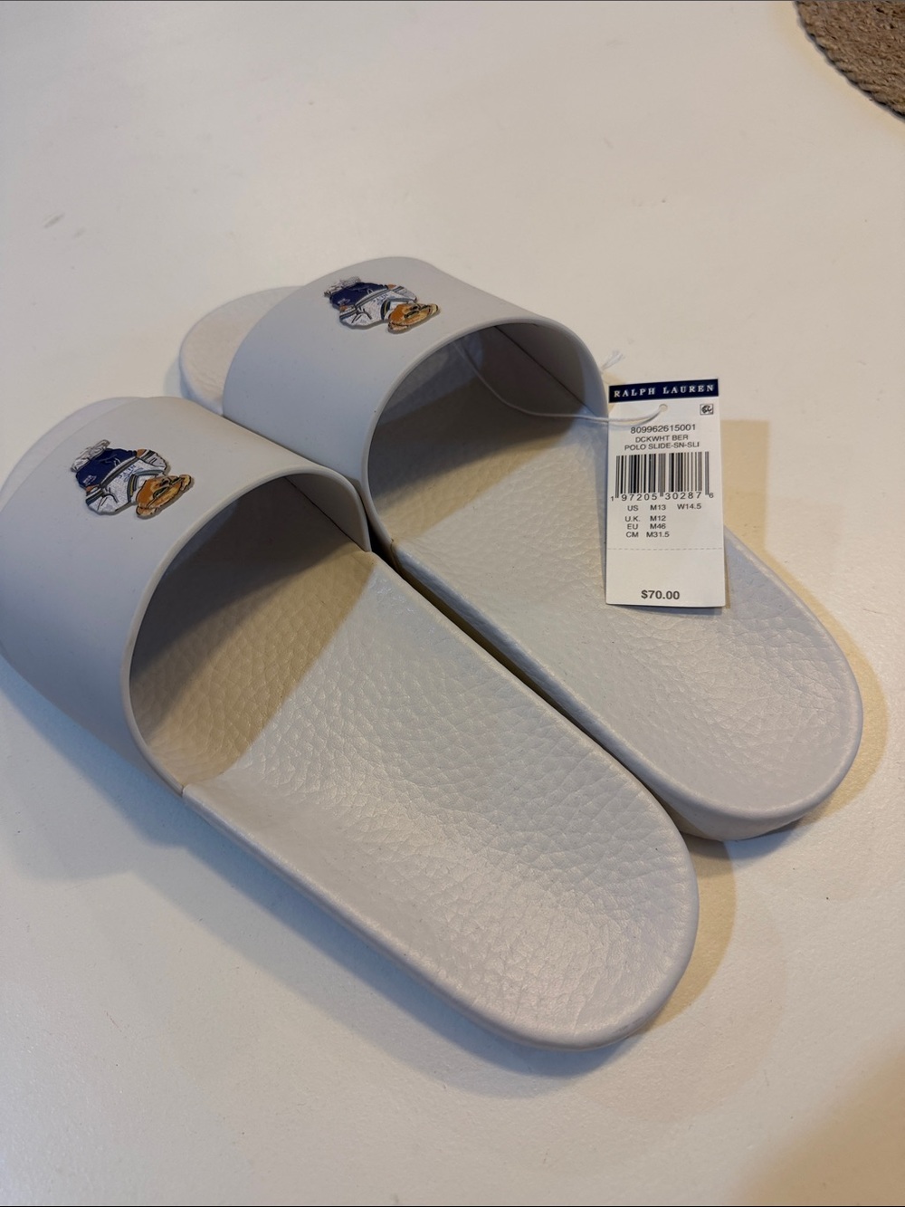 Ralph Lauren Mens White Slide Sandals with Polo Bear Graphic Sz 13.  New. Box28